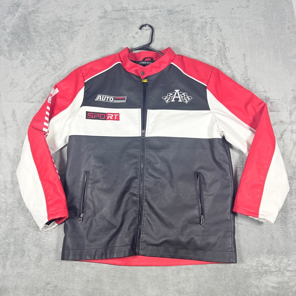 Refinery Republic Mens XL Racing Jacket Faux Leather Fleece Lined Colorblock Red